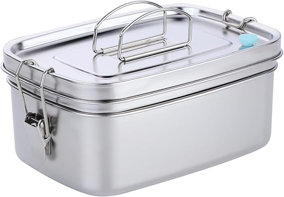 DOCBLACK Silver Lunch Box, Stainless Steel Bento Boxes, Double Tier Sandwich Box with Vent Port, Carrying Handle and Leakproof Rubber Ring, Sturdy and Tough, Suitable for Office and School