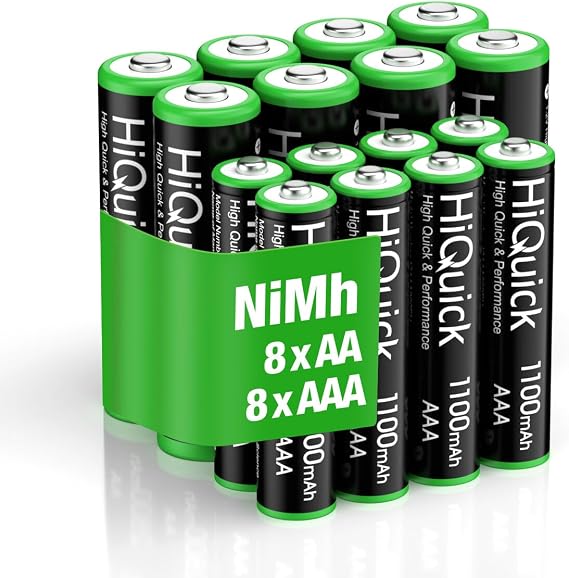 HiQuick Pack of 16 AA AAA Rechargeable Batteries NI-MH 1.2 V 8 x AA 2800 mAh Batteries and 8 x AAA 1100 mAh Batteries Low Self-Discharge 1200 Tech Mignon Battery