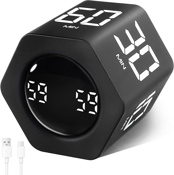 Cuteefun Rotating Cube Visual Timer, Hexagon Pomodoro Timer, Black | 1/5/10/30/60 Mins Countdown, Vibrate & Adjustable Volume Alert, Gravity Sensor, Productivity Desk Timer for Study, Kids, ADHD