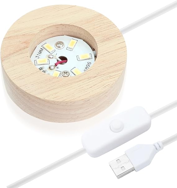 Briking Wooden LED Light Base, Wood Light Display Base with USB Cable Round Wooden LED Light Base for 3D Crystal Ball White Light Wood Light Display Base (6 x 6 cm)
