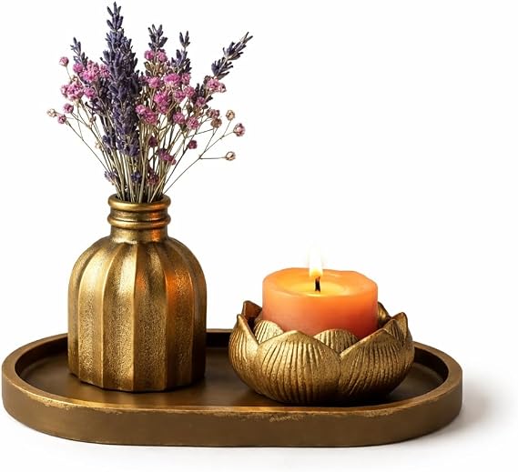 Mireva Lotus Tealight Mumluk ve Mini Vazo Seti – Dekoratif Tepsi Üzerinde Altın Renk Mumluk Seti, Masa & Sehpa Ev Dekoru, Meditasyon ve Spa Dekorasyonu