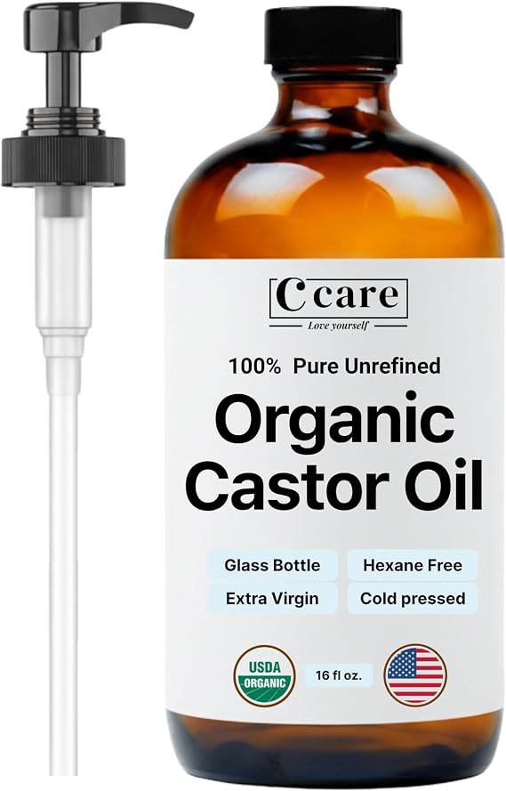 Castor Oil 100% Pure Organic Cold Pressed Unrefined Glass Bottle | USDA Certified Organic | Hexane Free Extra Virgin | for Hair Growth Eyebrows Eyelashes Skin and Castor Oil Pack Wrap | 16oz