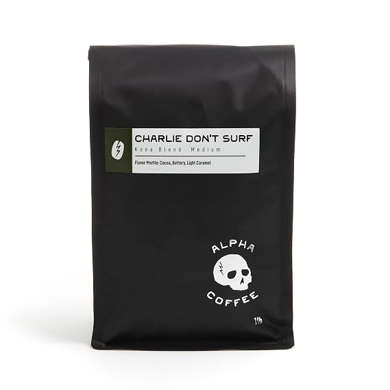 Alpha Coffee Charlie Dont Surf - 16 oz. Premium Gourmet Craft Kona Blend Whole Bean Coffee | Veteran Owned - Specialty Small Batch Roasted Coffee | 100% Arabica Beans (Medium Roast)