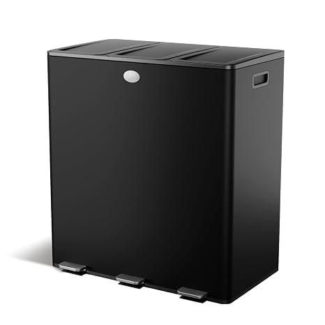 Home Zone Living 24 Gallon Large Kitchen Trash Can with Three Compartments | Stainless Steel with Soft-Close Step Pedal Lids for Recycling, Rectangular Shape, Black