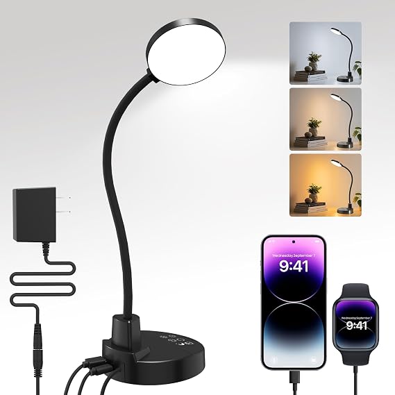 15W LED Desk Lamp with USB Charging Ports Dimmable Table Lamp with 3 Color Temps, 5 Brightness, 4 Timers, Flexible Gooseneck Light with Base, Eye-Caring Reading Light for Home Office, Bedroom, Study
