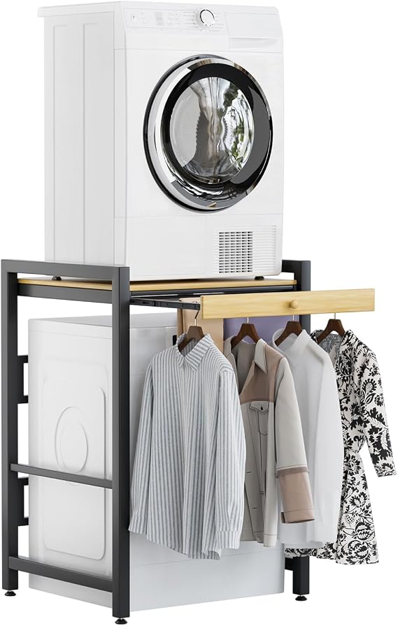 Washer and Dryer Stand, Dryer Stacker Rack with Pull Out Drying Rack, Stackable Shelf for Laundry Room, Bathroom, Heavy Duty, Height Adjustable, 660lbs Capacity Brown