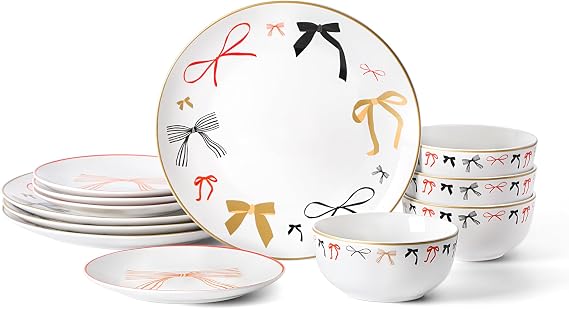 Stone Lain Rosie 12-Piece Dinnerware Set Porcelain, Plates and Bowls Set, Dishwasher and Microwave Safe, Dish Set for 4, Multicolored