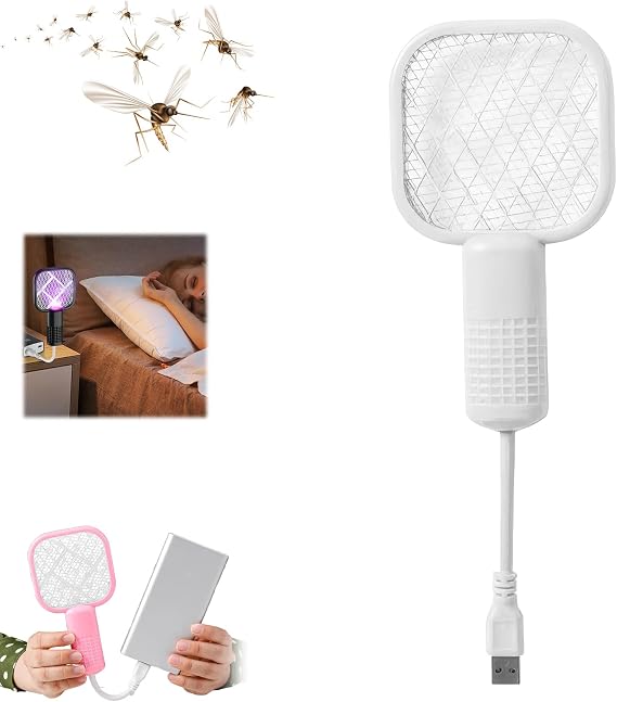 2024 New Electric Mosquito Swatter, Fly Swatter Racket, 2 in 1 Electric Bug Zapper USB Rechargeable with 5 Layer Safety Mesh, Indoor Outdoor Mosquitoes Zapper for Home Office Camping Patio (White)
