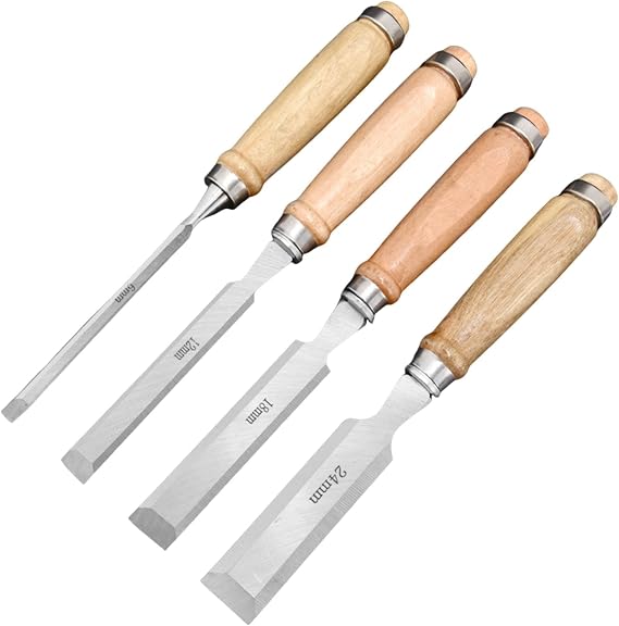 4 Pcs Wood Chisel Set, Chisel Set with Wooden Handles, Hand Woodworking Tools(6mm, 12mm, 18mm, 24mm) for Woodworking, Wood Carving and Sculpting(Color:As Shown)