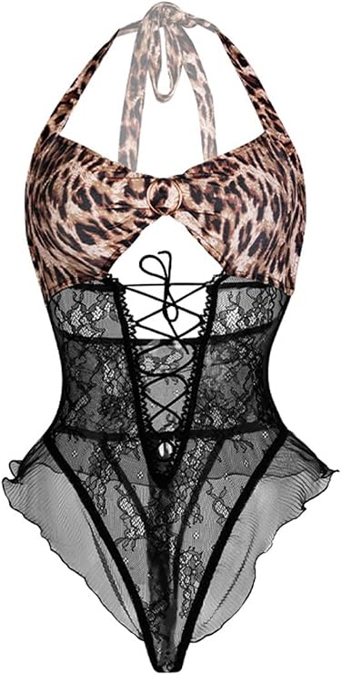 YOMORIO Women Leopard Lingerie Bodysuit Cheetah Lace Sexy Teddy Lingerie