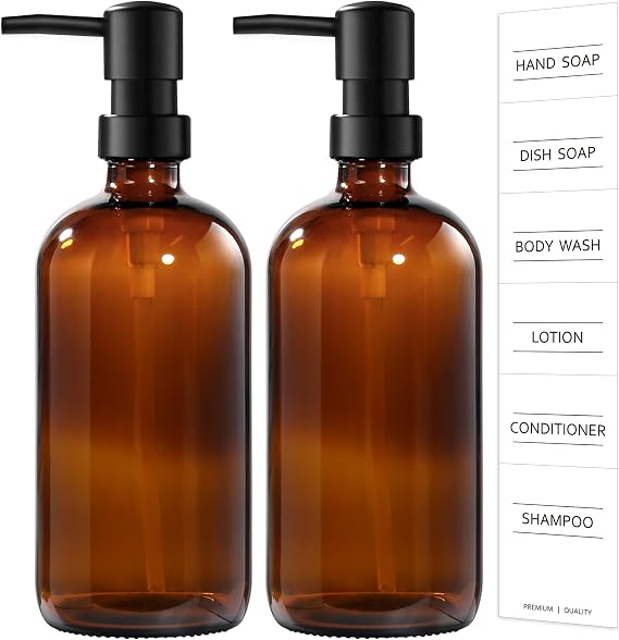 Hand Soap Dispenser,500ml Brown Glass Soap Dispensers, Washing Up Liquid Dispenser, Amber Glass Soap Dispensers Bottle with Pump And Label (2PC, Amber)