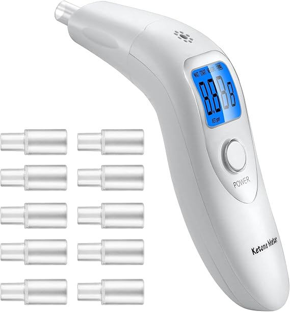 Ketone Test Monitor and Breath Meter, 0-99 PPM, 32 Records, 10 Mouthpieces | Ketone test monitor with 0-99 PPM readout, 32 records, 4-colour LCD, 5-second sample and 10 mouthpieces for keto routines.