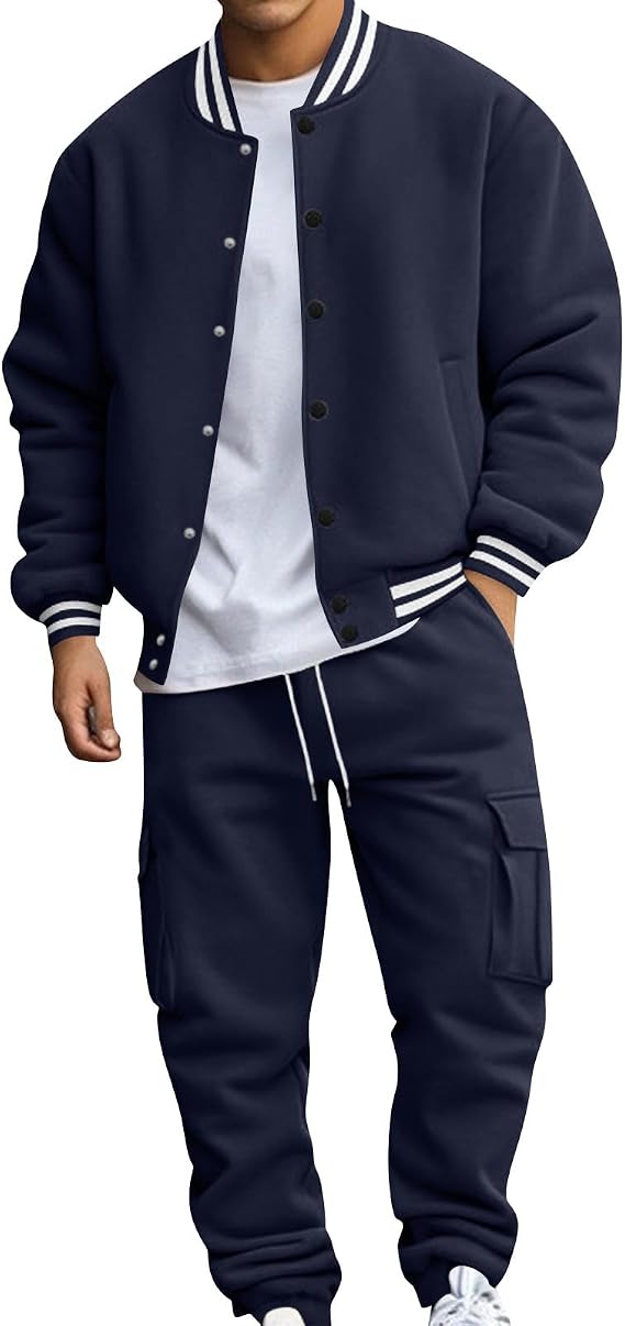 Men Sweatsuits Sets Long Sleeve Button Down Shirt Baseball Bomber Jackets Matching Cargo Pants 2 Piece Set Outfits