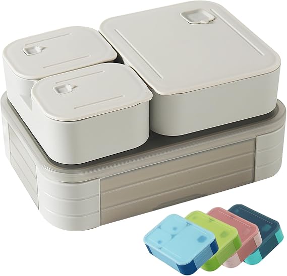 Bento Lunch Box for Kids, 1100ml Nestable Snack Box with 3 Compartments, Leakproof Lunchbox Microwave & Dishwasher Safe for School, Work, Picnics & Travel - Grey