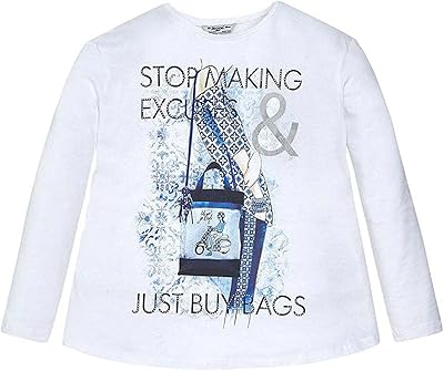 Big Girls Tween 8-18 Embellished Buy-Bags Graphic Print Long Sleeve Fashion TeeT-Shirt, White, 18