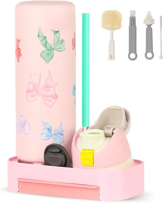 Bottle Drying Rack for Owala 24/32/40oz, Portable Space Saving Stand with Drain Tray & 4 Cleaning Brushes Water Bottle & Cup Organizer for Lids, Straws, Stoppers (Pink)