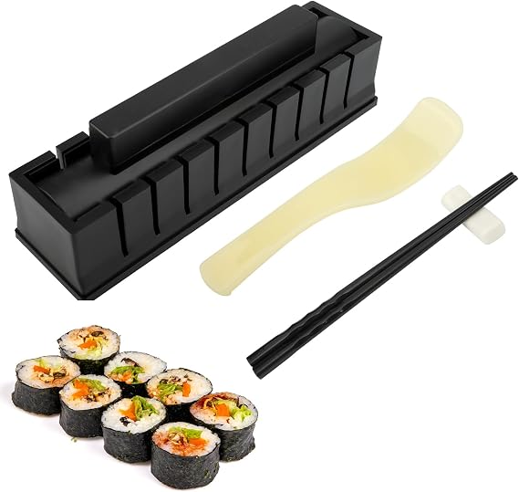 Sushi Making Kit, Sushi Maker 4-in-1 Rice Ball Mold Shapes | Sushi Maker Roller Kit with Press Mold, Chopsticks, Ceramic Dishes, Spoon, Easy Sushi Making Kit to Make Round Sushi(Black)