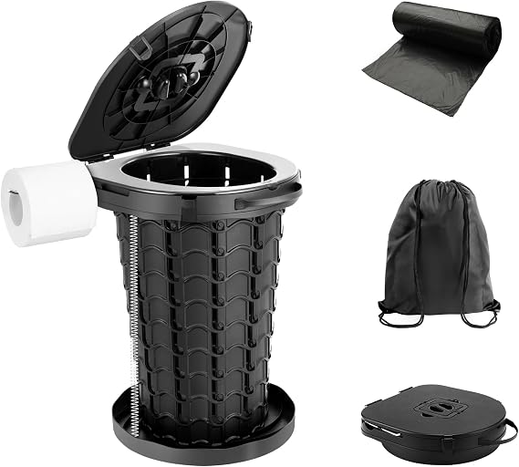 Large Portable Toilets for Adults, 18.6" H, Load 440Lb, Black | Compact Foldable, Sturdy ABS, Includes Lid, Handle & Roll Holder, Easy to Clean, Travel Essentials for Tents, Car & Hiking