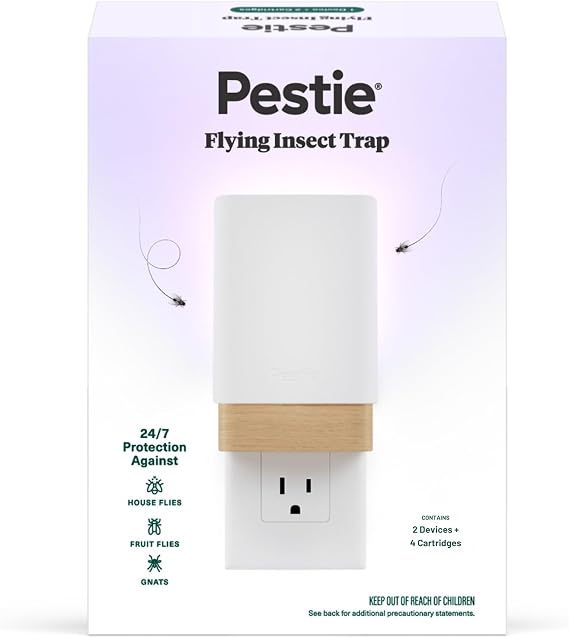 Pestie Fruit Fly Traps for Indoors Indoor Fly Trap Plug In Light, Gnat Traps for House Indoor, Electric Bug Trap for Kitchen & Home, Plug-In Insect Trap for Fruit Flies (2 Devices & 4 Cartridges)