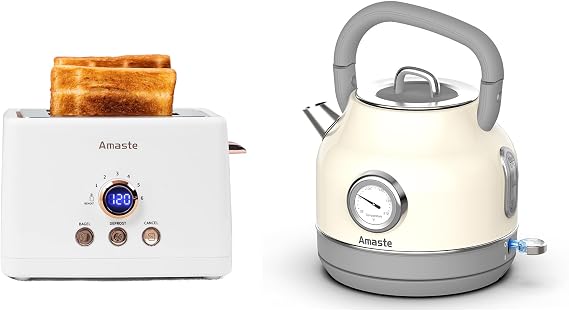 Amaste White Toaster & White Retro Electric Kettle Set