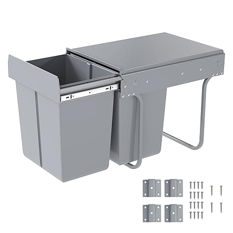 Pull Out Kitchen Waste Bin Under Cabinet 20L + 20L Recycling Kitchen Cabinet Trash Can with Lid and Handle Waste Containers with Double Sliding Trash Can Rubbish Garbage Sorting Gray