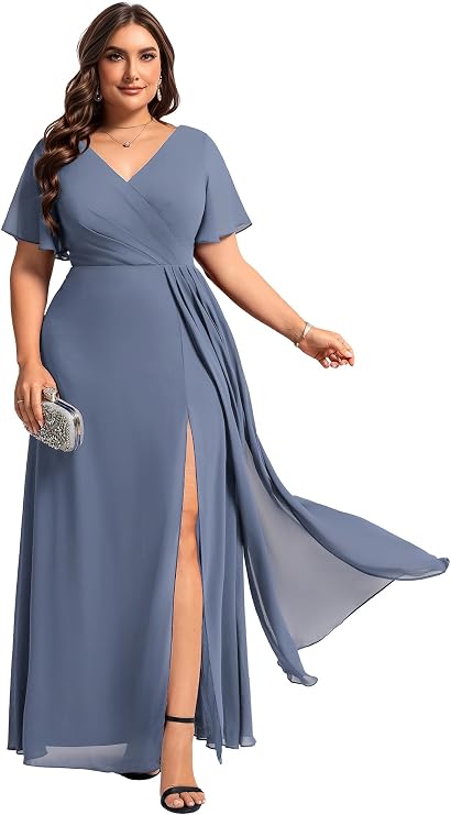 Ever-Pretty Plus Women's Plus Size Formal Dress V Neck Chiffon Ruffles Sleeves Long Bridesmaid Dresses with Side Slit