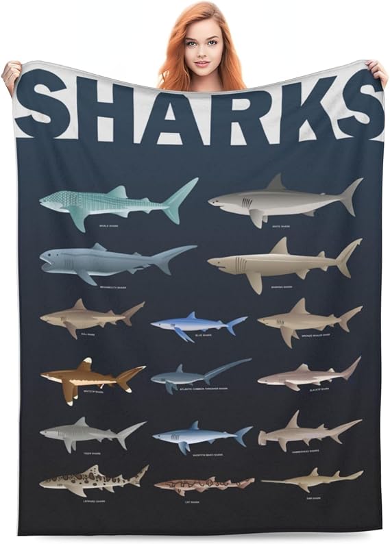 Sharks Blankets for Shark Lovers, Shark Lover Gifts for Kids, Gifts for Fish Lovers, Various Types of Sharks Themed 50" x 40" Bedroom Birthday Decorations Christmas Decor Travel All Season Art Retro