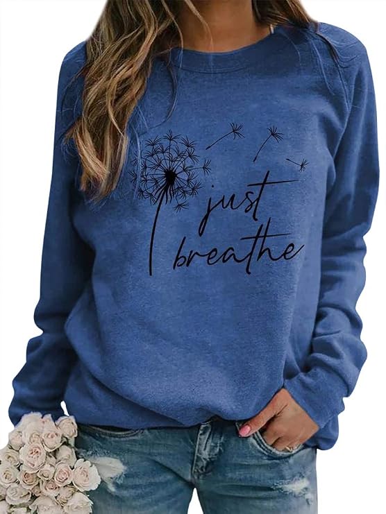 Dresswel Women Dandelion Print Sweatshirts Crew Neck Jumpers Pullover Tops | Ladies Long Sleeve Top Basic Casual Floral Graphic Blouse Shirts
