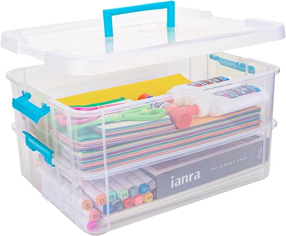 Creahaus 2-Tier Plastic Storage Box with Lid Stackable Storage Box for Crafts Sewing Makeup Nail Care Accessories (Blue)