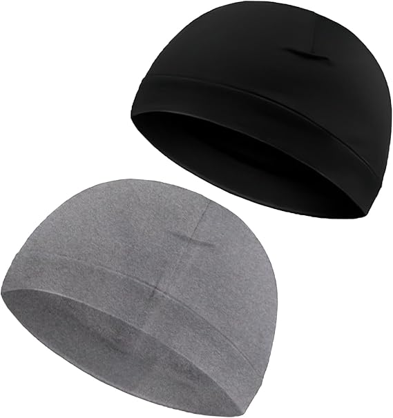 2 Packs Skull Caps,Cotton Beanie Hat,Skull Cap Cycling Helmet Liner for Adults Women and Men Unisex Elastic Size Universal Black,Grey