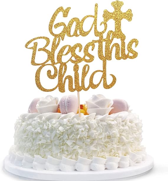 God Bless This Child Cake Topper for Baptism, Christening, First Communion Baby Shower, A Child of God Cake party Decorations Gold Glitter