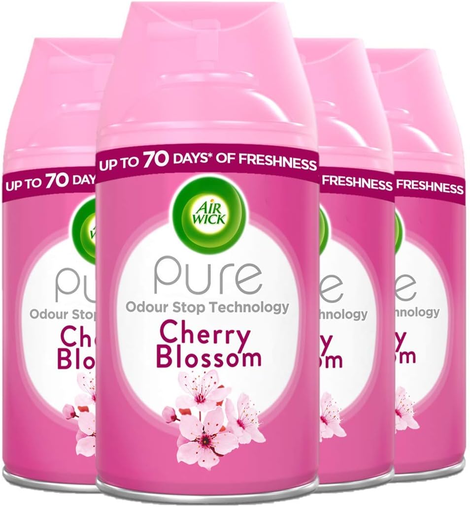 Air Wick Automatic Air Freshener Freshmatic Spray Refills, Cherry Blossom, Pack 4 x 250ml, Natural Essential Oils, Last up to 280 days, Air freshener