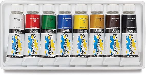 Daler Rowney System3 Selection Set, 8 Assorted Colors 75ml Acrylic Paint Tube - Acrylic Painting Supplies for Artists and Students - Artist Paint for Murals Canvas and More