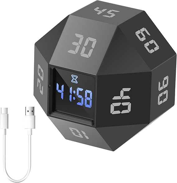 DJAPWPX-Cube Timer ABS Rotating Pomodoro Timer Time Management Cube with 12 Side Time Module Rechargeable Pomodoro Timer 3 Alarm Reminder Modes Cube Timer Suitable for Bedroom