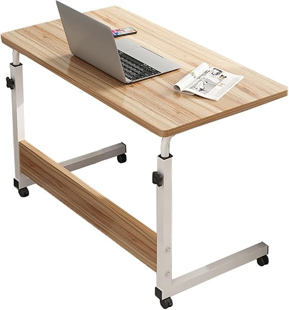Overbed Table Height Adjustable Mobile Computer Desk Rolling Sit-Stand Desk with Wheels Portable Tray Table Bedrooms Work Desk for Small Space(16x24 Inch, Dark Wood Color)