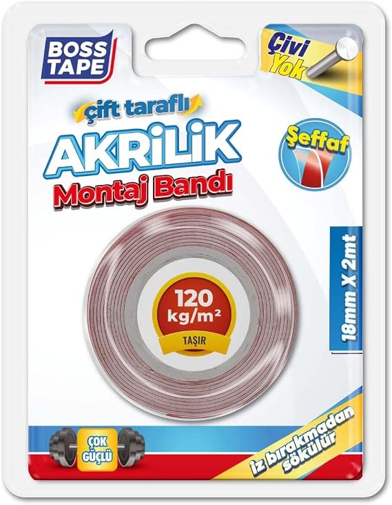 Boss Tape Seffaf Çift Tarafli Akrilik Montaj Bandi, 18 mm x 2 m, Kirmizi