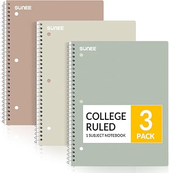 SUNEE Spiral Notebooks, 3 Pack, 1-Subject, College Ruled Paper, 8" x 10-1/2", 70 Sheets per Notebook, Assorted Aesthetic Colors Spiral Notebooks for School