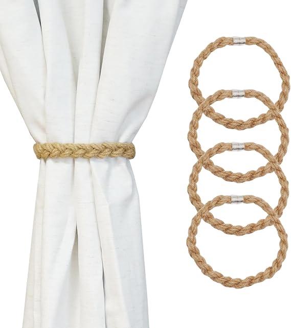 Magnetic Jute Curtain Tiebacks, 4pcs Natural Decorative Handmade Tie Backs Curtain Holdbacks Holders Cord for Window Sheer Drapes Indoor Outdoor