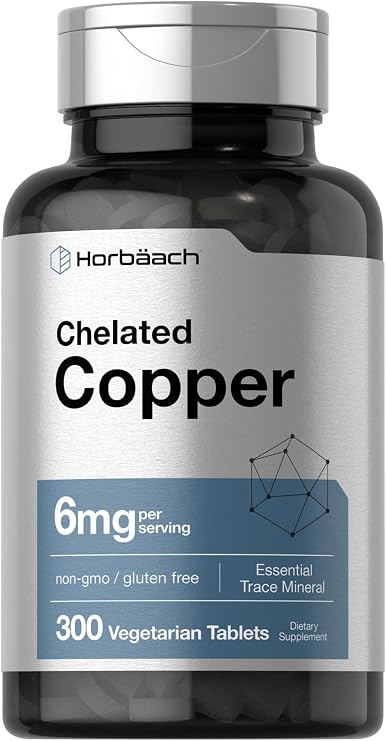 Horbaach Chelated Copper Supplement 6mg | 300 Tablets | Essential Trace Mineral | Vegetarian, Non-GMO, Gluten Free