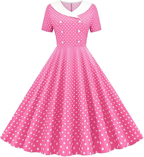 IKADEX Women 50s 60s Retro Rockabilly Swing Sailor Dress Polka Dot Lapel V-Neck Cocktail Party Tea Dresses