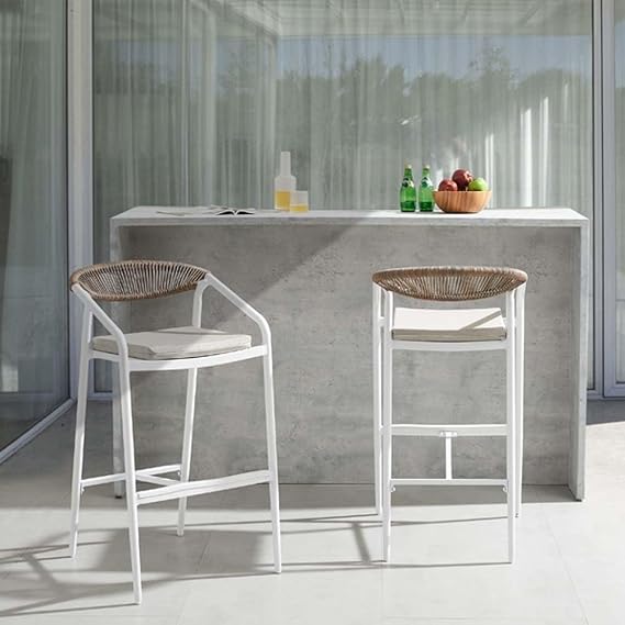 Outdoor Bar Stools Set of 2, White Rattan Aluminum Patio Chairs | Modern rattan-woven backrest, padded seat for all-day comfort. Ideal for patio, balcony, poolside. Rust-proof aluminum frame