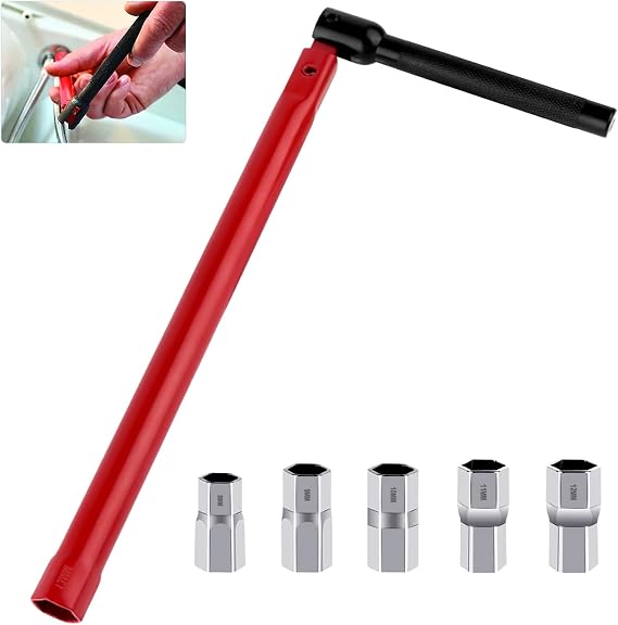 Adjustable Tap Spanner Set with 5 Changeable 8-12mm Nut, Faucet Bathroom Back Nut Installation and Disassemble Tools Kit, Plumbers Socket Wrench for Home Bath Basin, Kitchen, Sink, Valves, WaterPipe