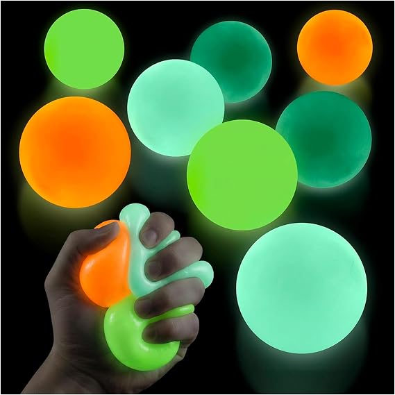 8 Pcs Glowing Sticky Balls for Ceiling and Wall, 1.8", TPR Material | Glow in the Dark Sticky Balls with Soft Core, for Kids Sensory Stress Relief, Decoration and Playing (Multicolor)