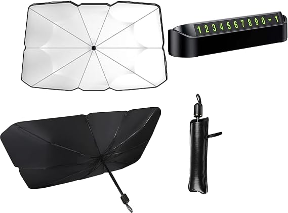 Orret Home Umbrella Shaped Foldable Auto Sunshade and Auto Numbering Set – Car Sunshade, Car Windshield Sunshade, Car Sunshade, Sunscreen with Numbering Gift (140x79 cm)