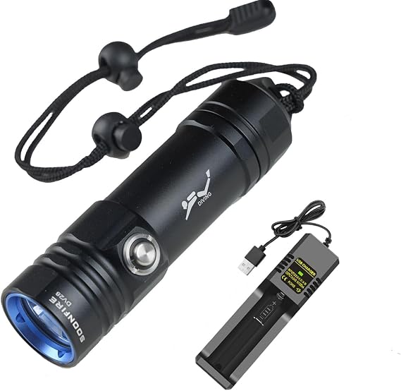 DV28 Scuba Dive Light - 1500 Lumens Super Bright Underwater Flashlight with Charger, IPX8 Waterproof to 100M for Diving, Snorkeling, Fishing - 3 Modes & Battery Indicator
