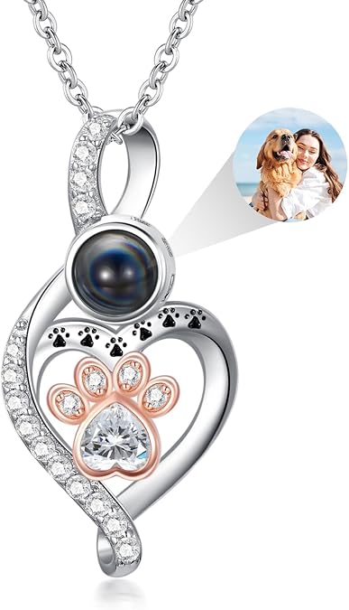Dorunmo Personalized Pet Photo Projection Necklace, S925 Sterling Silver Custom Paw Print Memorial Jewelry Gifts for Dog Cat Lovers, Unique Heart & Cross Keepsake Pendant