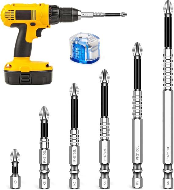 High-Magnetic Screwdriver Drill Bit Set, 6 Pcs Anti-Slip Impact Bits with Magnetiser, Durable and Precision Screwdriver Bits Kit, Compatible with Electric Drill and Driver Tools