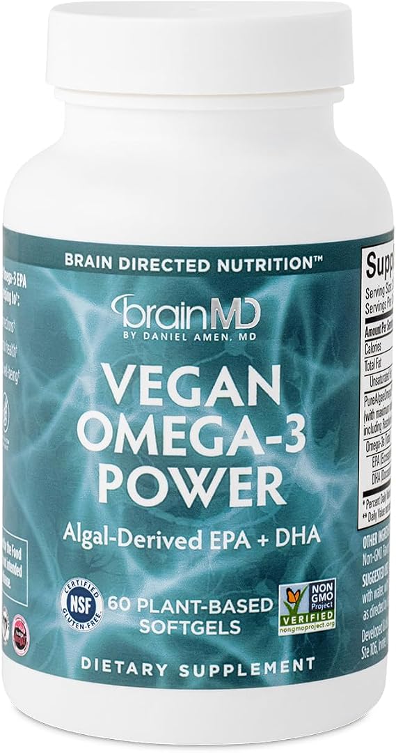 BrainMD Vegan Omega-3 Power Plant-Based Softgels 60 Count 1100 mg | EPA and DHA supplement with 30 servings, gluten free and non-GMO formula for focus, memory and heart health support