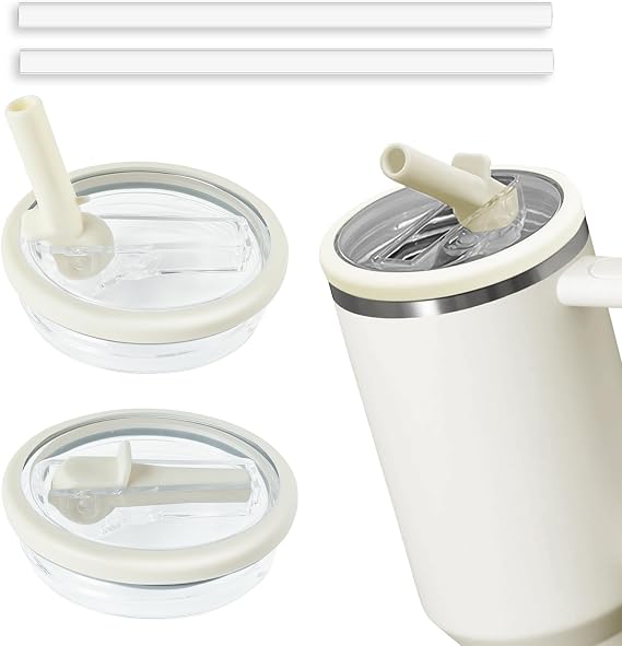 2pcs Leakproof Lid with Straw for Stanley Replacement,No-Spill Cup Lids for Stanley Quencher,Tumbler Flip Straw Lid for Stanley Accessories (Cream, 40oz)
