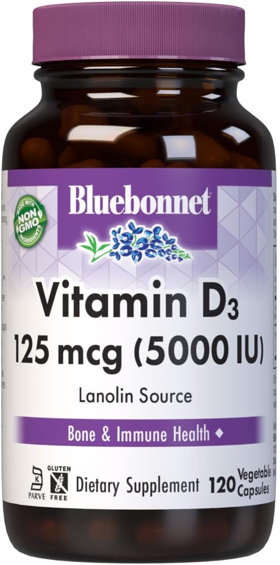 Bluebonnet Vitamin D3 5000 IU 125 mcg - Strong Bones & Immune Support Supplement for Women & Men* Soy-Free, Gluten-Free, Non-GMO, Vegetarian - Highly Absorbable Vitamin D - 120 Veggie Capsules